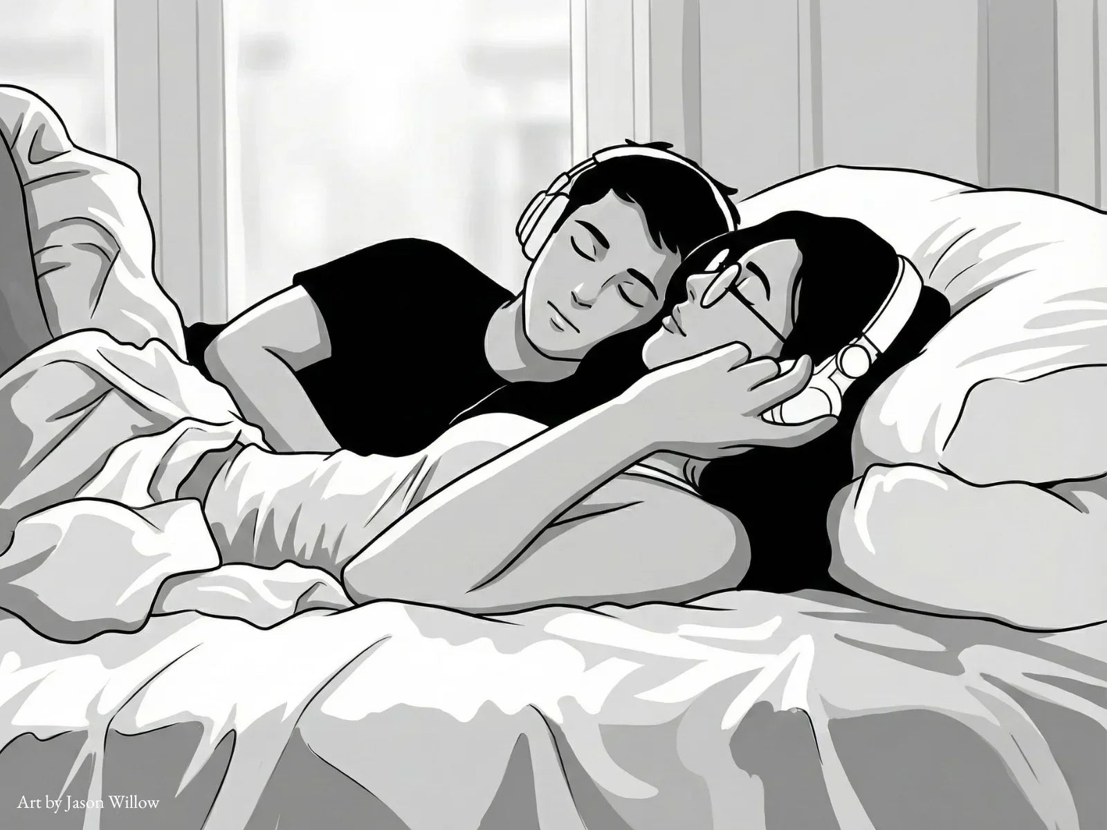 couple is wearing headphones and listening to audio porn