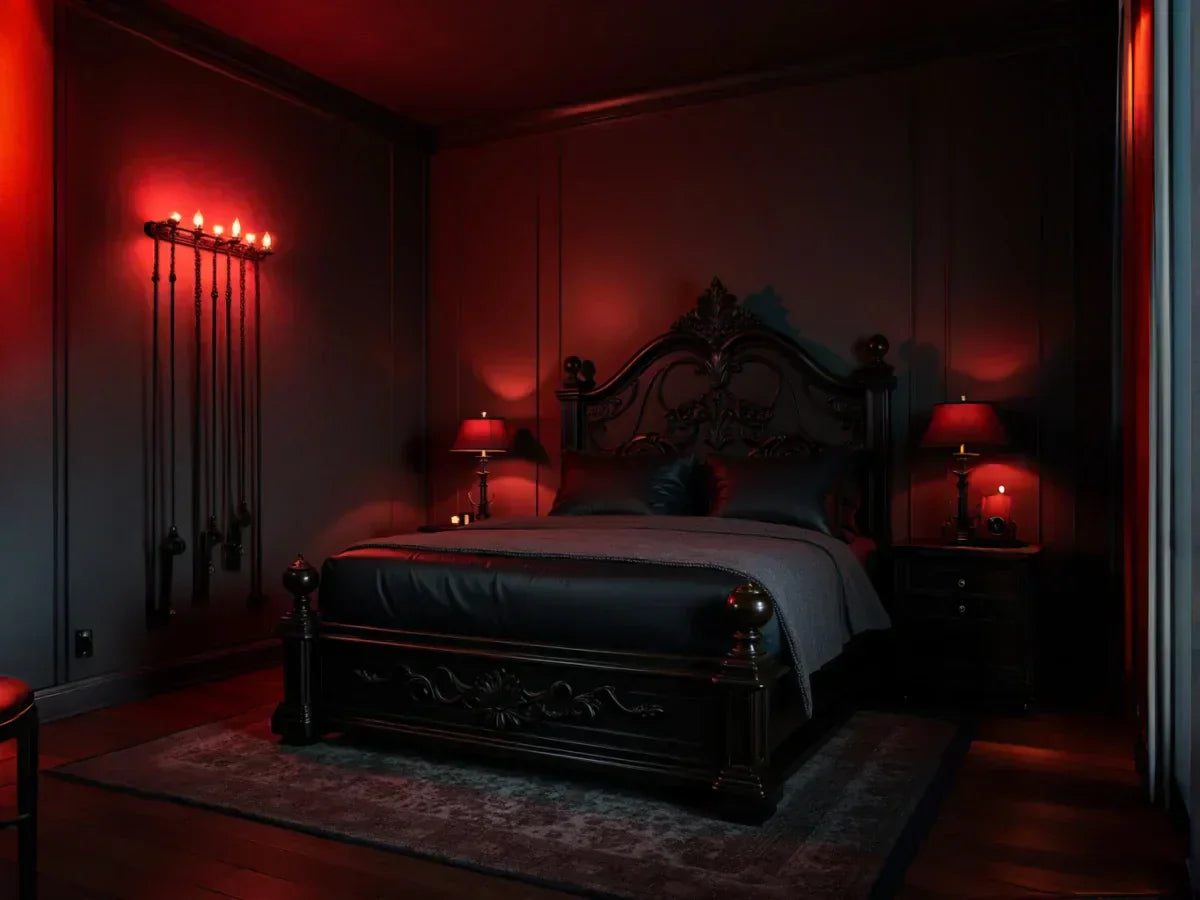 image of a bdsm hotel with red lighting and a black bed