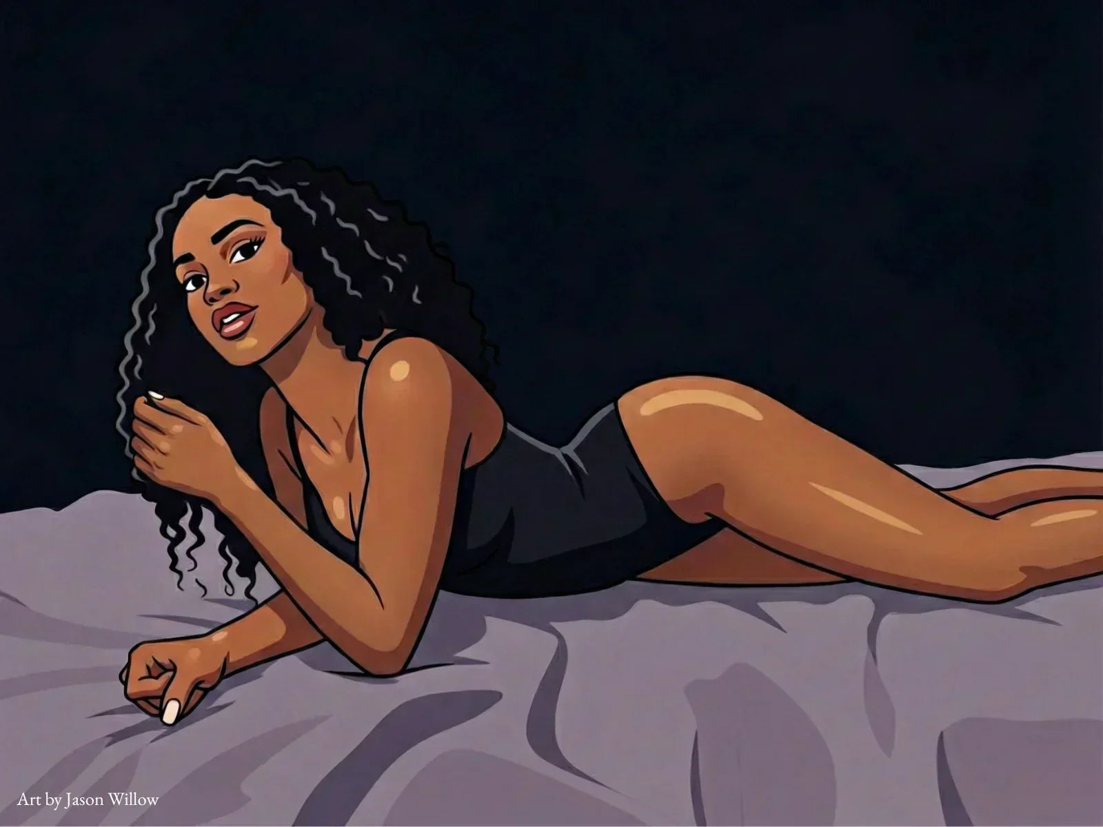 A beautiful model in fetish lingerie is lying on a satin bed