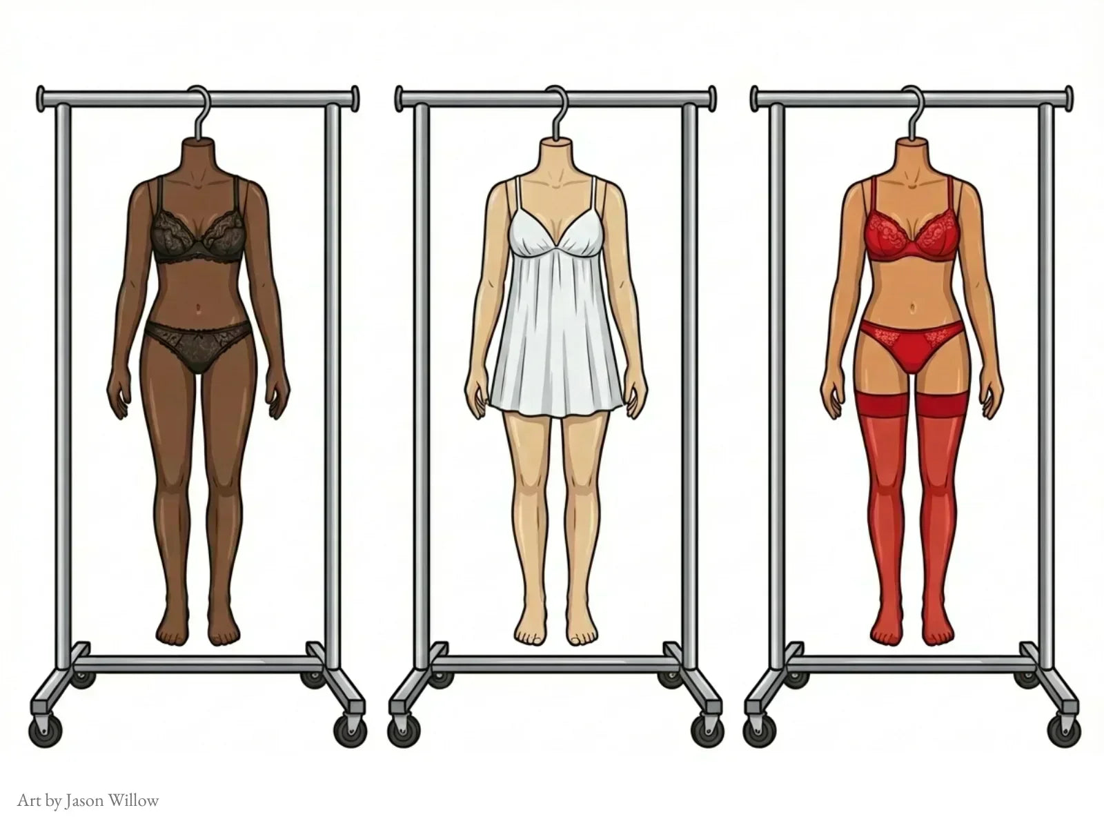 3 sex dolls are hung up on specialized racks for storing