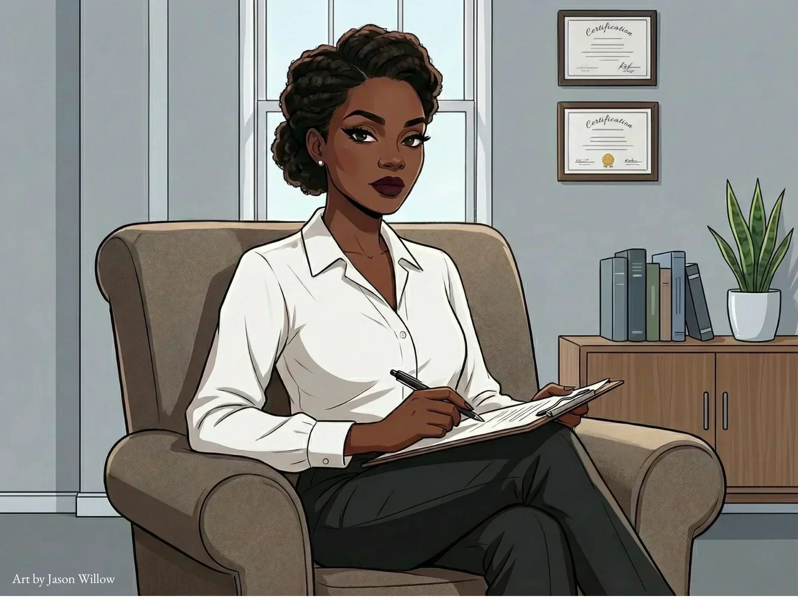 image of a sex therapist sitting in her chair with a clipboard