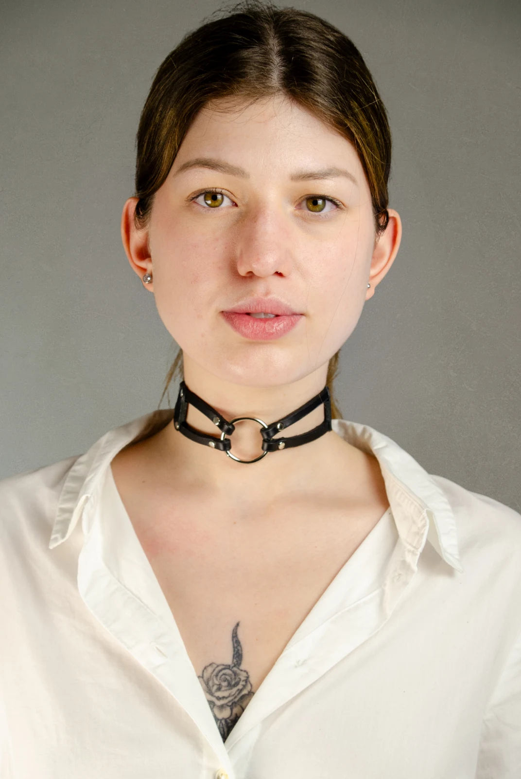 Model wearing  BIA LEATHER CHOKER NECKLACE