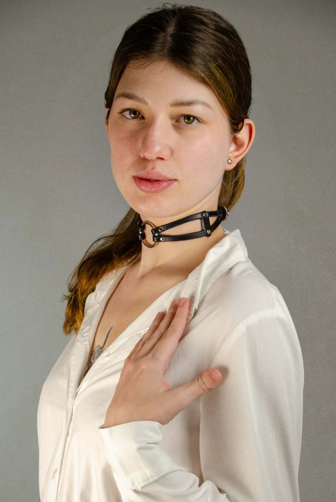 Model wearing  BIA LEATHER CHOKER NECKLACE